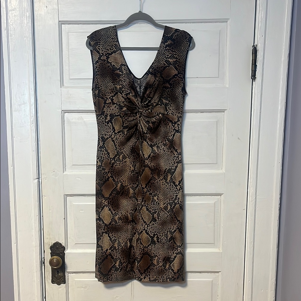 Lily Brown Tan Sheath Dress V-Neck Midi